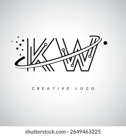 Logotipo de Monograma de Órbita KW - Marca de Letra Mínima Futurista com Linha de Arte Circular, Pontos Inspirados na Tecnologia e Conceito de Movimento Espacial para Identidade de Marca Moderna