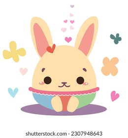 El personaje del conejito Kwaii Easter con forma de huevo. Hermoso bebé lindo rodeado de flores y corazones 