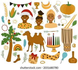 Kwanza set of elements for the African Christmas and New Year traditional holiday. Kinara, candles, drum, spikelet, gifts, African family, flags, camel. Vector illustration