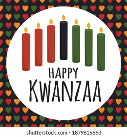 Kwanzaa - African American heritage holiday. Black history. Seven candles in round frame. Seamless pattern with hearts in African colors - red, green, yellow. Poster, greeting card, banner.
Vector.