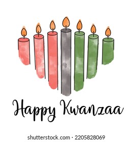 Kwanzaa African American heritage holiday greeting card with Artistic watercolor textured vector green, red, black burning candles outlined.