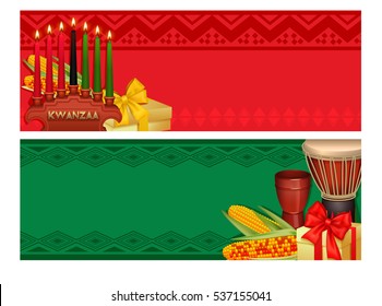 Kwanzaa african american holiday celebration with traditional dishes and candles 2 colorful red green banners vector illustration 