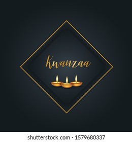 Kwanzaa background design. Traditional holiday concept. Black backdrop, and golden lettering and frame. Vector illustration.