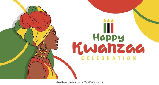 Kwanzaa Banner with African woman illustration, African culture, Candles