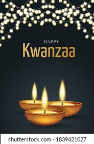 Kwanzaa banner or poster. Traditional african american ethnic holiday design concept with glowing lights garland and candles. Vector illustration.