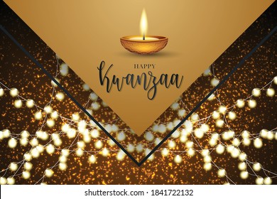 Kwanzaa banner or poster. Traditional african american ethnic holiday design concept with golden glitter and candles. Vector illustration.