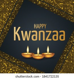 Kwanzaa banner or poster. Traditional african american ethnic holiday design concept with golden glitter and candles. Vector illustration.