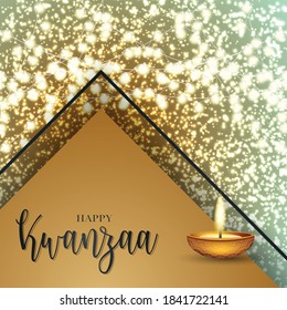 Kwanzaa banner or poster. Traditional african american ethnic holiday design concept with golden glitter and candles. Vector illustration.