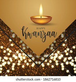 Kwanzaa banner or poster. Traditional african american ethnic holiday design concept with golden glitter and candles. Vector illustration.