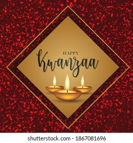 Kwanzaa banner or poster. Traditional african american ethnic holiday design concept with red glitter and candles. Vector illustration.