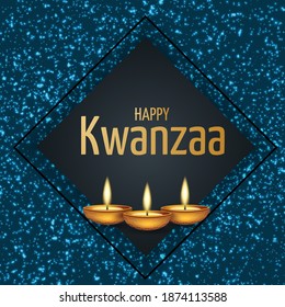 Kwanzaa banner or poster. Traditional african american ethnic holiday design concept with blue glitter and candles. Vector illustration.