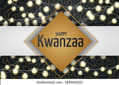 Kwanzaa banner. Traditional african american ethnic holiday design concept with glowing lights garland and candles. Vector illustration.