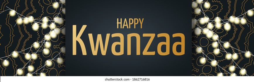 Kwanzaa banner. Traditional african american ethnic holiday design concept with glowing lights garland and candles. Vector illustration.