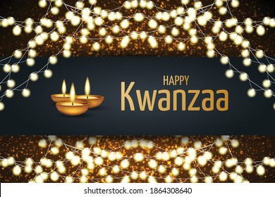 Kwanzaa banner. Traditional african american ethnic holiday design concept with glowing lights garland and candles. Vector illustration.