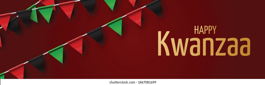 Kwanzaa banner. Traditional african american ethnic holiday design concept. Green, red, and black colors. Golden lettering.