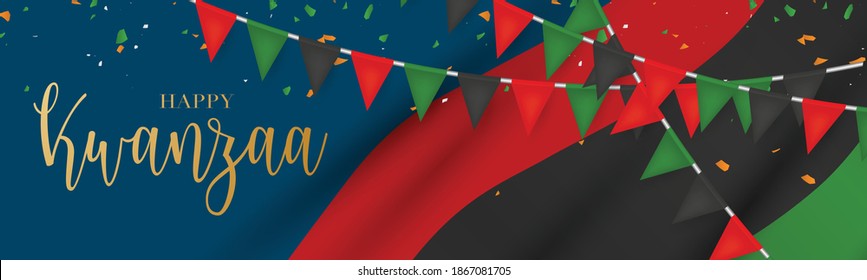 Kwanzaa banner. Traditional african american ethnic holiday design concept. Green, red, and black colors. Golden lettering.