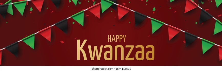 Kwanzaa banner. Traditional african american ethnic holiday design concept. Green, red, and black colors. Golden lettering.