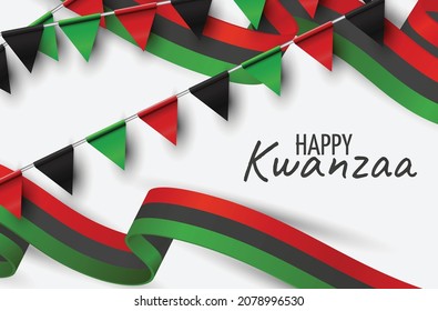 Kwanzaa banner. Traditional african american ethnic holiday design concept. Green, red, and black colors ribbons and flags. Vector illustration. 