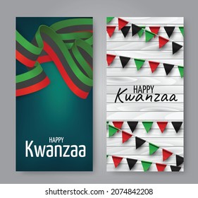 Kwanzaa banners set. Traditional african american ethnic holiday design concept. Green, red, and black colors ribbon. Vector illustration. 