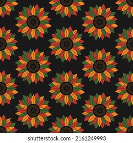 Kwanzaa, Black History Month, Juneteenth seamless pattern background with sunflowers in traditional African colors - black, red, yellow, green. Vector minimalist African background design.