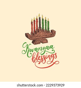 Kwanzaa blessings hand lettering, holiday vector background, poster template with candles holder Kinara, drawn illustration