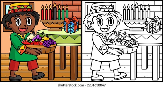 Kwanzaa Boy Carrying Mazao Coloring Illustration