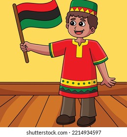 Kwanzaa Boy Holding A Flag Colored Cartoon