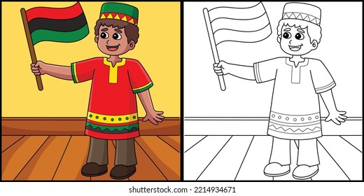 Kwanzaa Boy Holding A Flag Coloring Illustration