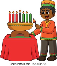 Kwanzaa Boy Lighting Kinara Cartoon Clipart