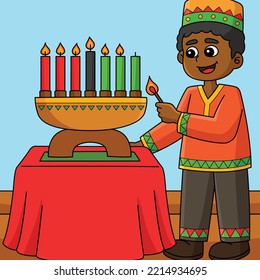 Kwanzaa Boy Lighting Kinara farbiger Cartoon 