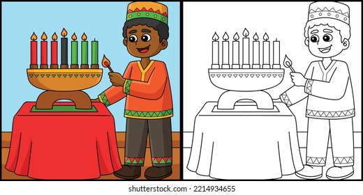 Kwanzaa Boy Lighting Kinara Coloring Illustration