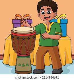 Kwanzaa Boy Playing Djembe Colored Cartoon