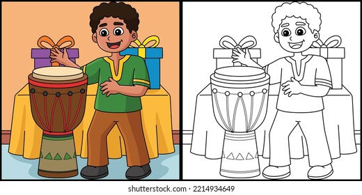 Kwanzaa Boy Playing Djembe Coloring Illustration