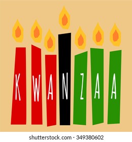 kwanzaa candles lightning on the beige background with letters Kwanzaa on them