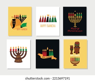 Kwanzaa cards set. Happy Kwanzaa. African American holidays card. Traditional Kwanzaa symbols.