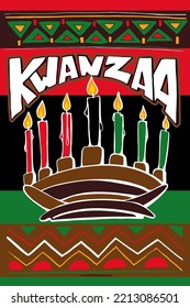 Kwanzaa Celebration.  African American cultures festival. traditional candlestick with candles. Hand writting text and african ornament.