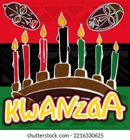 Kwanzaa Celebration.  African American cultures festival. traditional candlestick with candles and african masks. Hand writting text and african ornament.