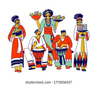 Kwanzaa Celebration. African Characters in National Costumes Playing Drums, Carry Traditional Meals and Candles. Annual Celebration of African-american Culture. Linear Vector People Illustration