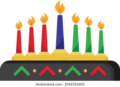 Ilustração do vetor de velas de celebração do Kwanzaa. Sete velas em kinara. Ilustração vetorial de Happy Kwanzaa. Símbolos africanos de férias com letras no fundo branco.