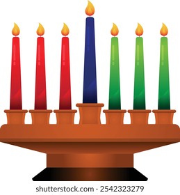 Ilustração do vetor de velas de celebração do Kwanzaa. Sete velas em kinara. Ilustração vetorial de Happy Kwanzaa. Símbolos africanos de férias com letras no fundo branco.