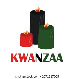 Kwanzaa celebration concept. Three burning candles. Colorful banner, poster, brochure, flyer, invite, greeting card template. Isolated on white. Celebrated annually from December 26 to January 1.