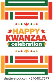 Kwanzaa celebration. Happy African and African-American holiday. Seven days festival, celebrate annual from December to January. Black History. Poster, card, banner and background. Vector illustration