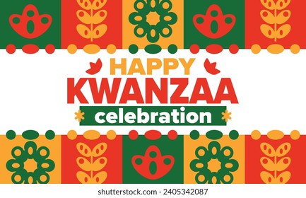 Kwanzaa celebration. Happy African and African-American holiday. Seven days festival, celebrate annual from December to January. Black History. Poster, card, banner and background. Vector illustration