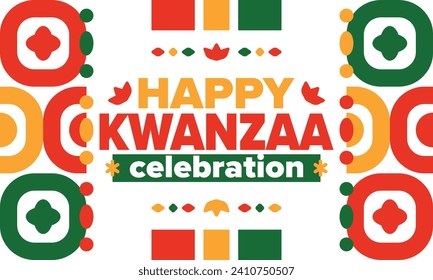 Kwanzaa celebration. Happy African and African-American holiday. Seven days festival, celebrate annual from December to January. Black History. Poster