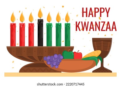 Kwanzaa celebration. Kinara with candles. African American festival, week of New Year celebrations. Development, support and preservation of African traditions. Vector illustration.