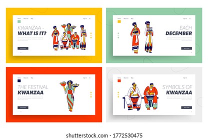 Kwanzaa Celebration Landing Page Template Set. African Characters in National Costumes Playing Drums, Carry Traditional Meals and Candles. African-american Culture. Linear Vector People Illustration