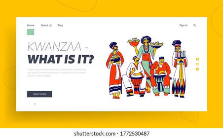 Kwanzaa Celebration Landing Page Template. African Characters in National Costumes Playing Drums, Carry Traditional Meals and Candles. African-american Culture. Linear Vector People Illustration