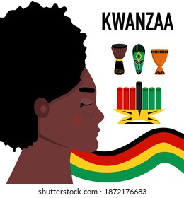 Kwanzaa celebration poster with symbols.Woman profil portrait.Seven candles kinara for lighting ceremony (Mishuma Saba).Unity cup and mask.Festival of African-American culture and harvest traditions.