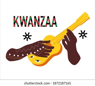 Kwanzaa celebration poster.Festival of African-American culture,music and harvest traditions.New year holiday.Hands black ethnicity with tattoo play the guitar or ukulele.Word in national colours.