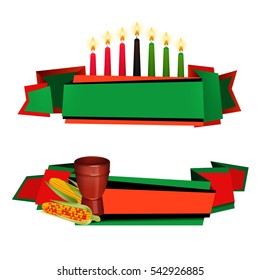 Kwanzaa celebrations traditional red green colored 2 horizontal banners with kinara candles and food isolated vector illustration  